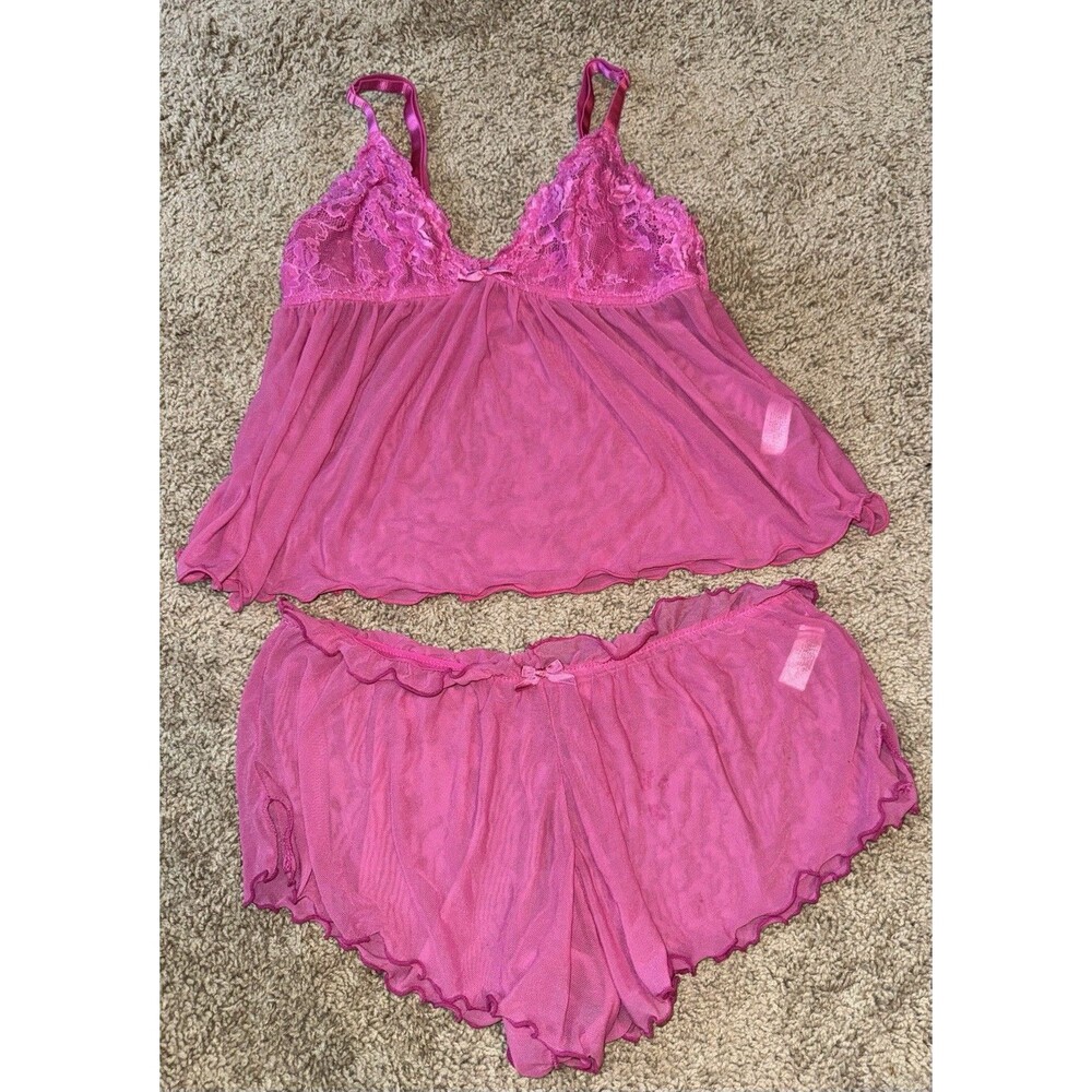 hush INTIMATES Mesh Lace Pink Babydoll Cami Set V Neck Sleeveless Women’s Size L